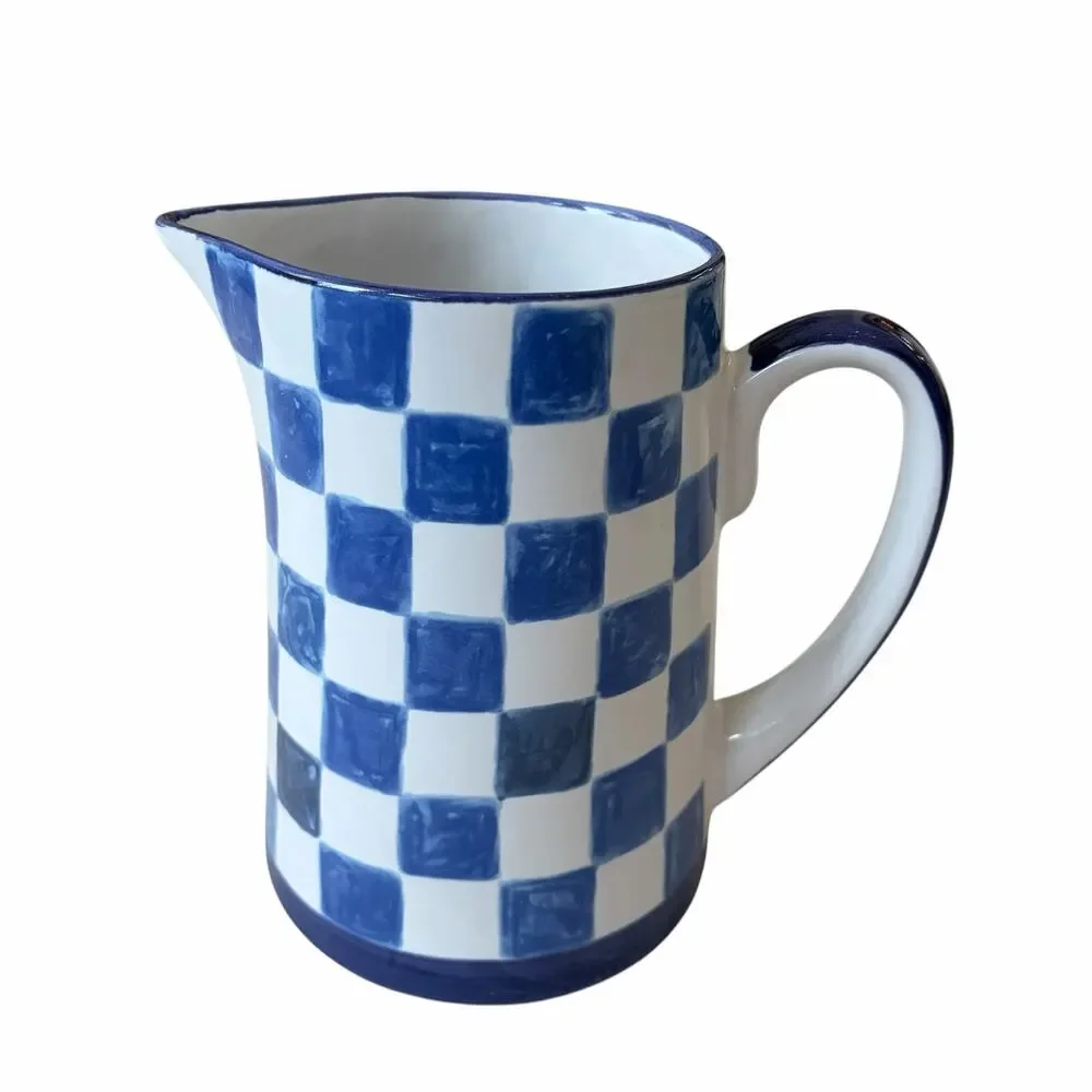 NEW Mackenzie Childs Indigo Check Pitcher 1.75 Qt Stoneware